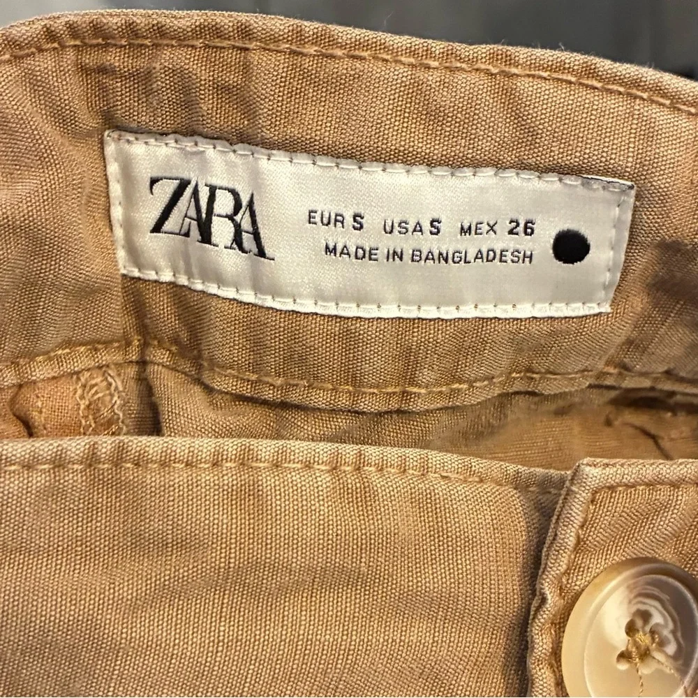 Zara Pants S Brown Linen Wide Leg Belted